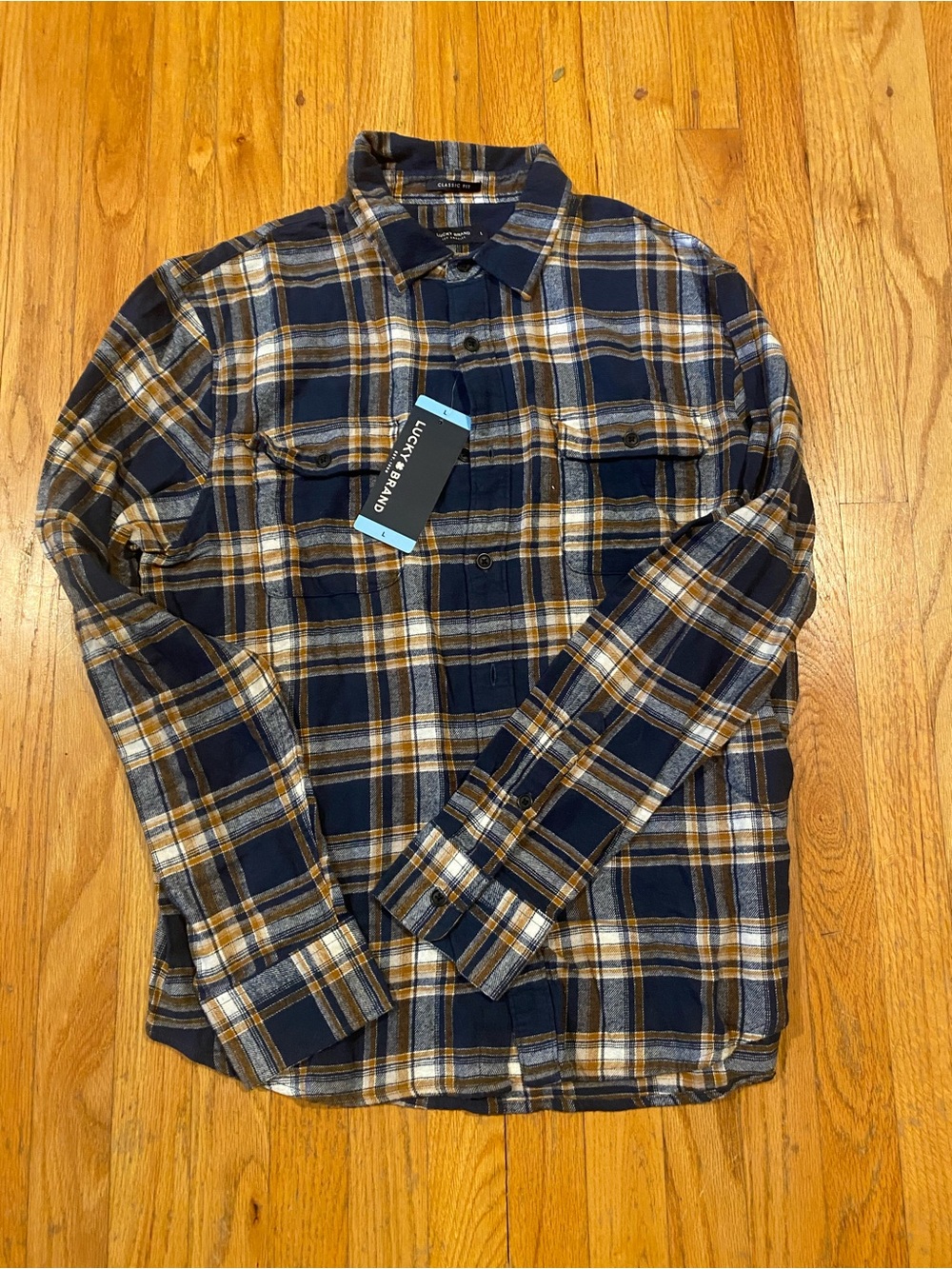 NWT Lucky Brand Flannel Shirt Men’s Long Sleeve Navy & Yellow Plaid Size Large